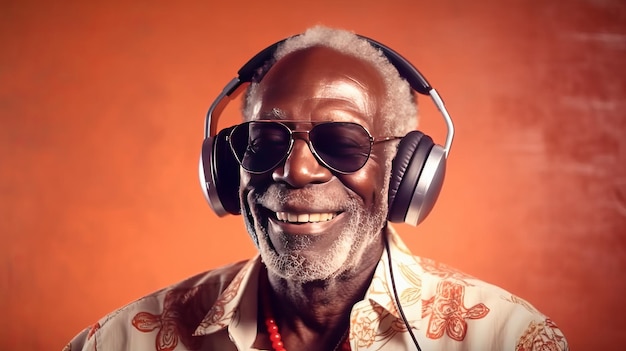 Cool viejo hombre negro con auriculares escuchando música El abuelo escucha música