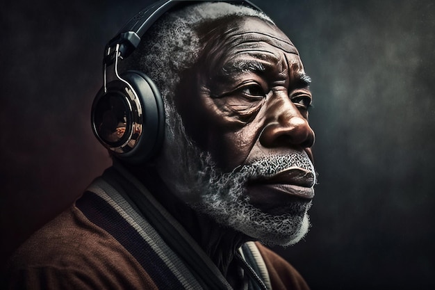 Cool viejo negro con auriculares escuchando música