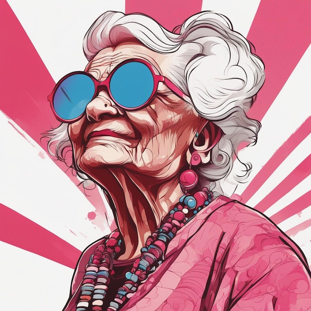 Coole alte Frau mit Falten, Sonnenbrille, Cartoon und groovigem Stil