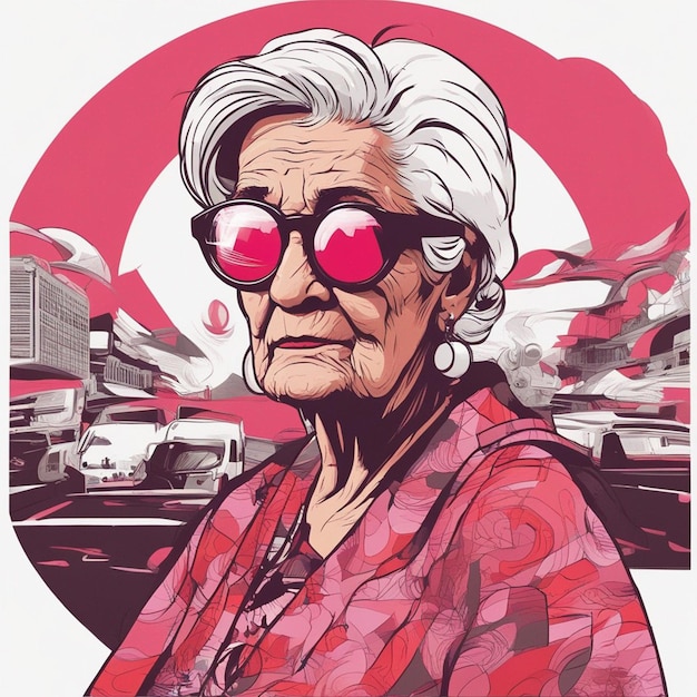 Foto coole alte frau mit falten, sonnenbrille, cartoon und groovigem stil