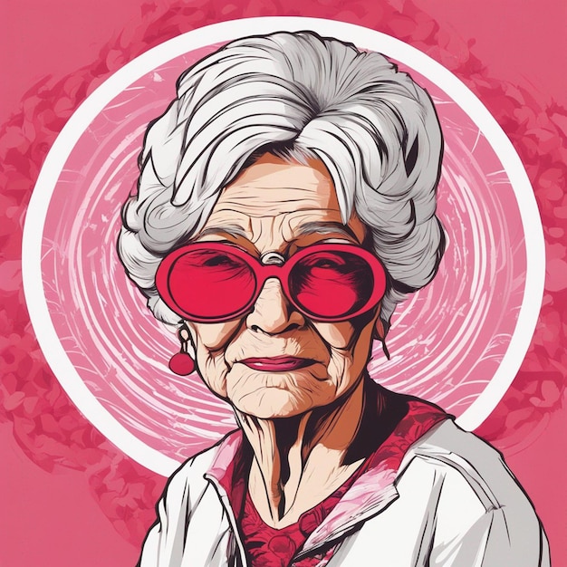 Foto coole alte frau mit falten, sonnenbrille, cartoon und groovigem stil