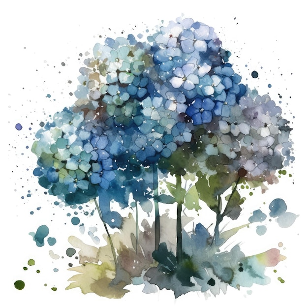 Coole blaue Hortensiengruppe auf weißem Hintergrund für Einladungen und Poster. Generative KI