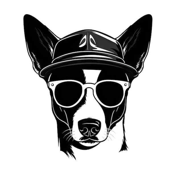 Foto coole hundebrille, isoliert, lustiger basenji, intelligente mode, hundeporträt, schwarze silhouette, symbol, hipster-hunde, t-shirt, druck, generative ki-illustration