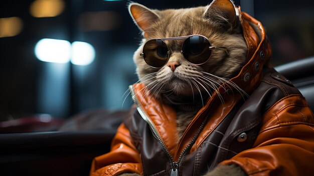 Coole Katze mit Sonnenbrille und Lederjacke