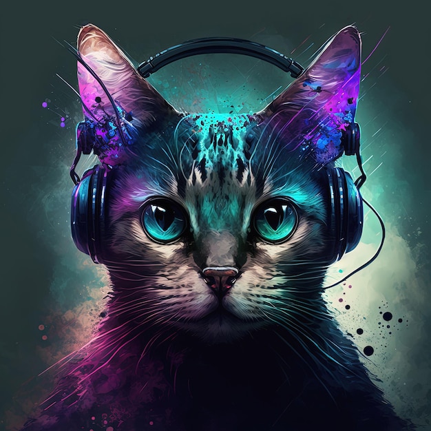 Coole Neon-Neon-Katze im Kopfhörer Generative AI