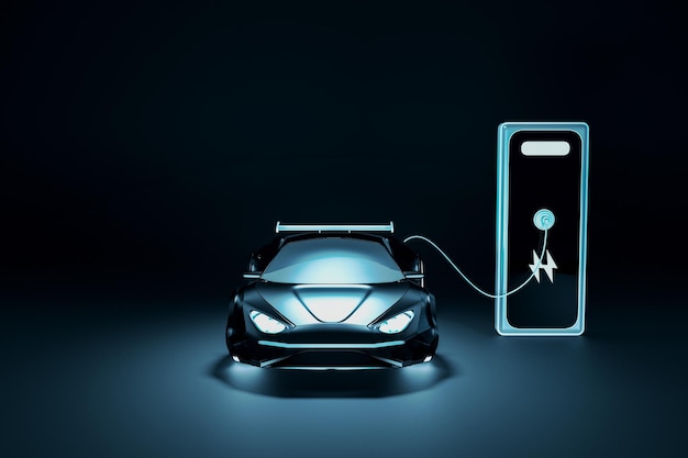 Cooler coche eléctrico azul cargando en fondo oscuro Vehículo eléctrico alternativo y concepto de entorno Mock up lugar 3D Renderización