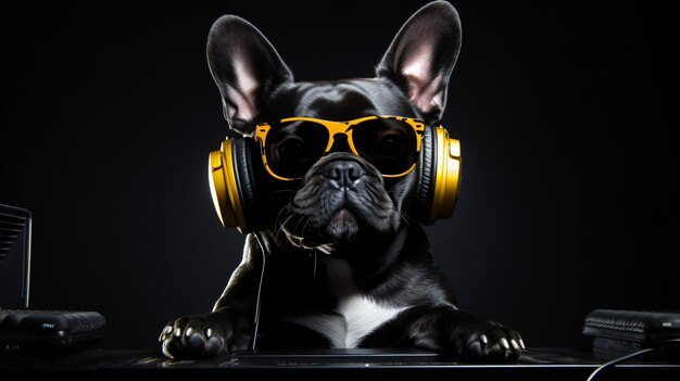 Cooler DJ-Hund der französischen Bulldogge, der zuhört oder singt