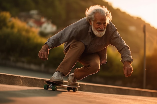 Cooler grauhaariger älterer älterer Mann, der bei Sonnenuntergang im Freien Skateboard fährt. Generative KI