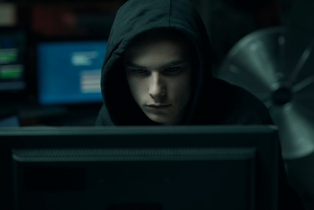 Cooler Hacker mit Hoodie, der mit Computern arbeitet