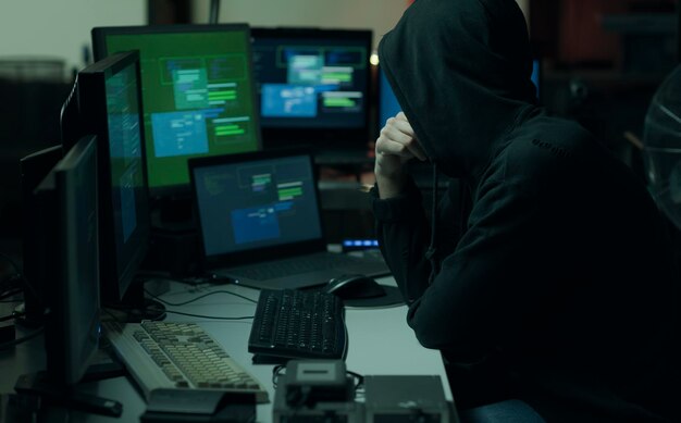 Cooler junger Hacker mit Kapuzenpullover, der mit Computer-Cyberkriminalität und Datensicherheitskonzept arbeitet