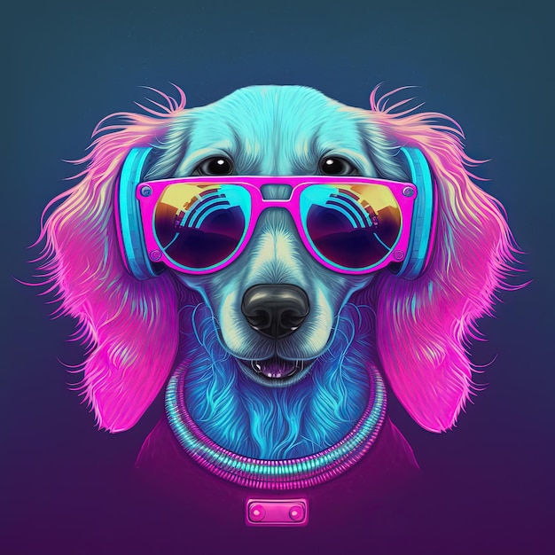 Cooler Neon-Partyhund mit Sonnenbrille Generative KI Basiert nicht auf einer tatsächlichen Szene