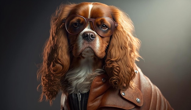 Cooler Spaniel in Lederjacke und Sonnenbrille mit Platz für generative KI zum Kopieren