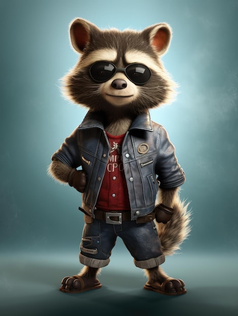 Cooler Waschbär in Lederjacke, Jeans und Sonnenbrille wie im Film Guardians of the Galaxy