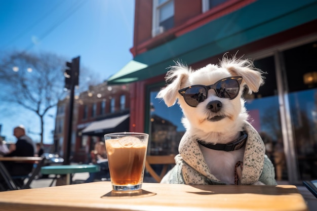 Cooler weißer Hund mit Sonnenbrille sitzt am Cafétisch und trinkt Kaffee. Haustierfreundliches Café-Konzept