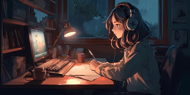 Cooles Lofi-Mädchen studiert an ihrem Schreibtisch Regnerisch oder bewölkt draußen schöne kühle atmosphärische Tapete 4K-Streaming-Hintergrund Lofi-Hiphop-Stil Anime-Manga-Stil Generative ai