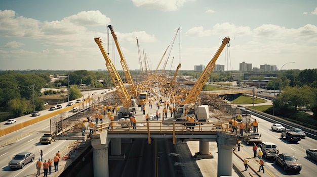 Coordenação meticulosa e precisão da equipe de construção na montagem de uma ponte gerada por IA