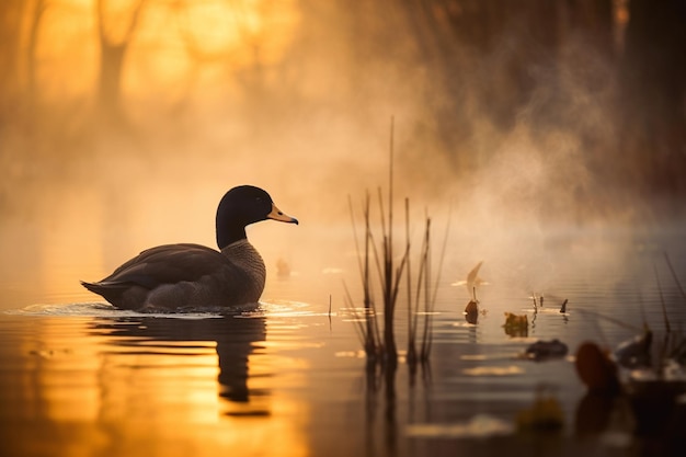 Foto coot luminescente deslizando sobre a superfície da lagoa coberta de névoa