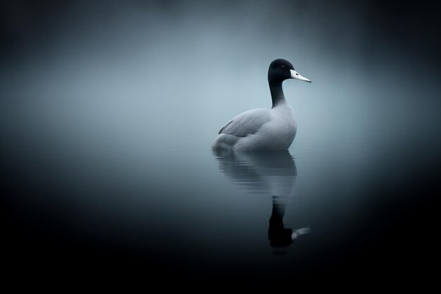Foto coot luminescente deslizando sobre a superfície da lagoa coberta de névoa