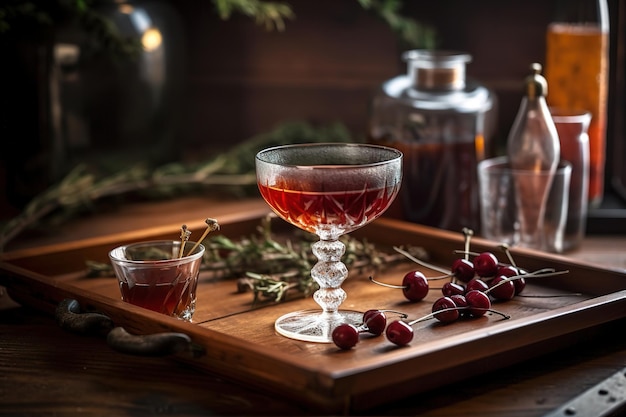 Una copa de aguardiente de cereza se sienta en una bandeja de madera con cerezas al lado.