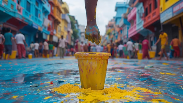 Foto copa amarilla con pintura amarilla en el suelo