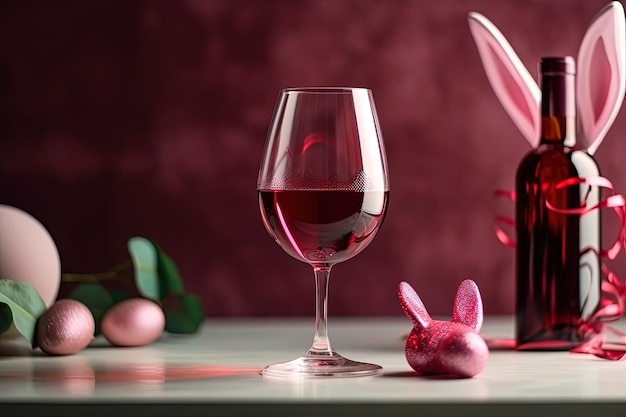 Copa y botella de vino tinto sobre una mesa de madera con un viñedo al fondo creado con tecnología de IA generativa