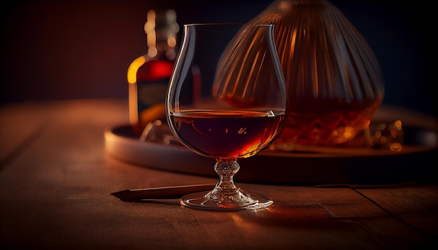 Copa de brandy o coñac con hielo y cuchara sobre fondo oscuro generativo ai