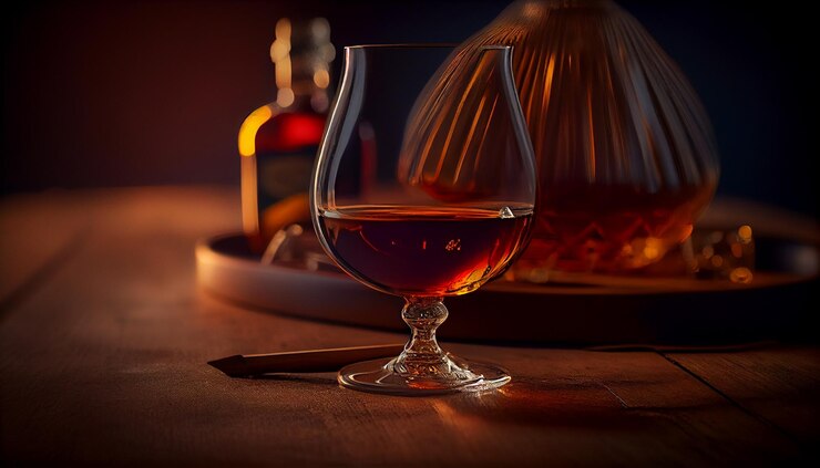 Copa de brandy o coñac con hielo y cuchara sobre fondo oscuro generativo ai