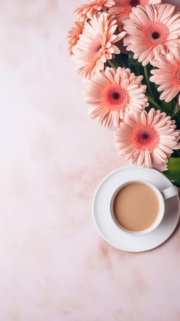 Copa de café y ramo de flores de gerbera en una mesa de madera blanca