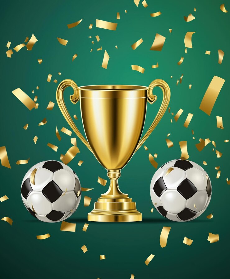 Copa del campeón de oro y bolas de fútbol en fondo verde y estandarte deportivo de confeti de oro con espacio de copia Trofeo de los ganadores en fondo festivo Final de la copa de fútbol 3d Primero lugar ganador