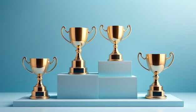 Copa del campeón de oro o trofeos y podio de ganadores en composición pastel azul cielo para exhibición en el escenario moderno y modelo minimalista de fondo de vitrina abstracto