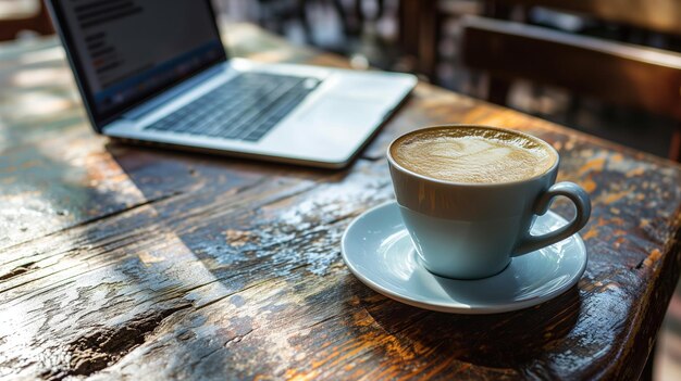 Copa de capuchino con una computadora portátil en una mesa de madera rústica