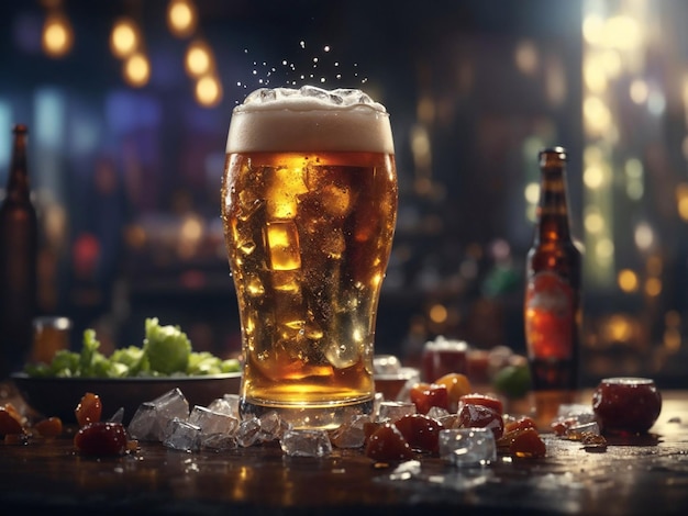 Una copa de cerveza en la mesa del Hielo con bebidas