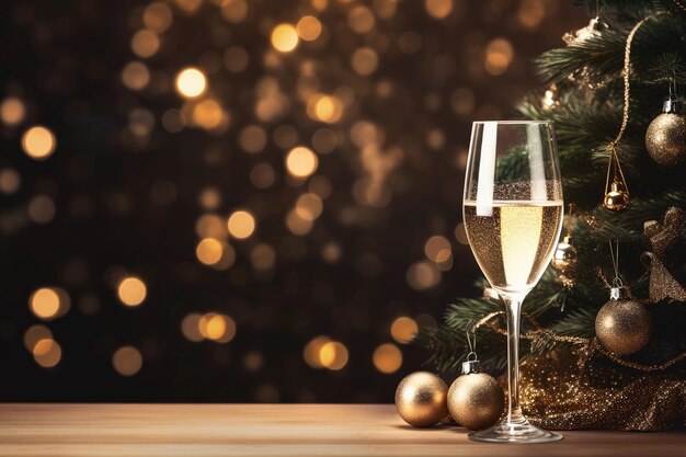 Copa de champán y árbol de Navidad decorado Fondo de Navidad y Año Nuevo generado por IA