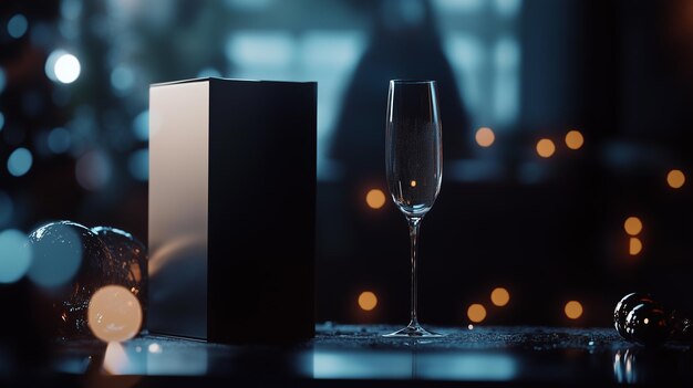 copa de champán con caja de regalos de Navidad en la mesa en el fondo