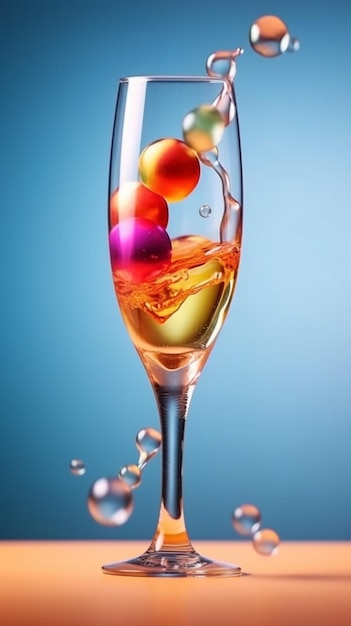 Una copa de champán con un colorido vaso de líquido que se vierte en ella.
