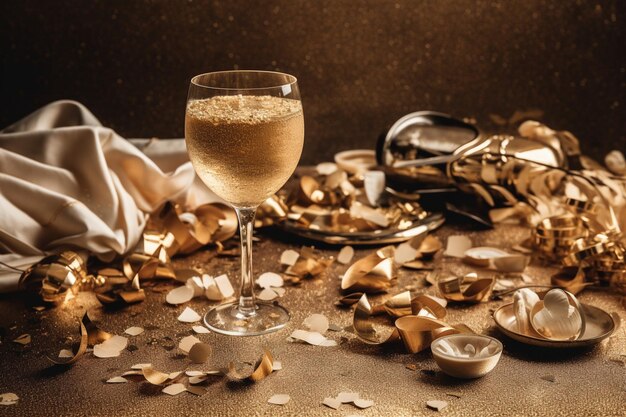 Una copa de champán se encuentra sobre una mesa con servilletas doradas y servilletas doradas alrededor.