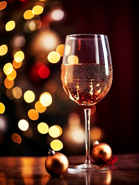 Copa de champán en el fondo del árbol de Navidad y bokeh