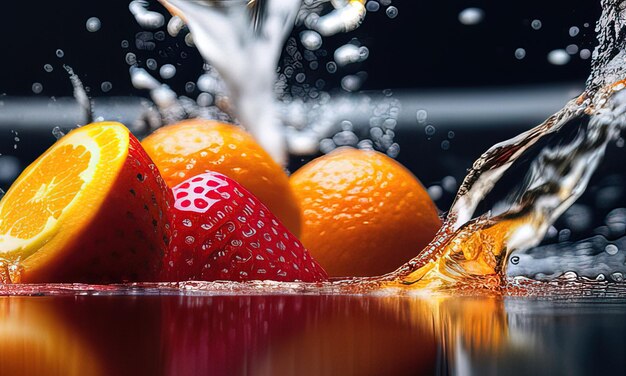 Una copa de champán con fresas y naranjas