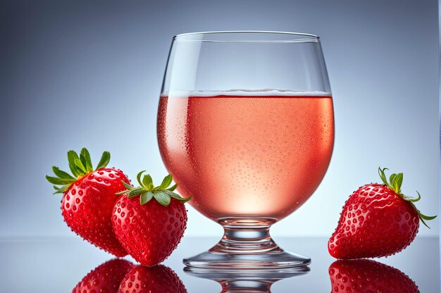 Una copa de champán rosado con fresas rojas maduras sobre un fondo gris Bebida alcohólica dulce