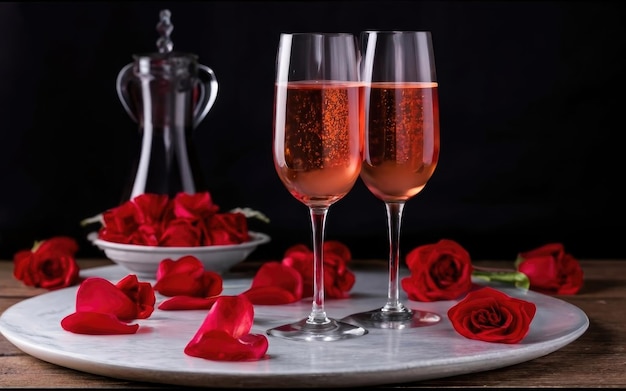 Una copa de champaña de rosas rojas servida en una hermosa copa de cristal con rosas rojos alrededor del cine