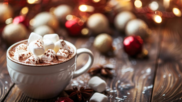 una copa de chocolate con una taza de chocolate de leche y un árbol de Navidad en el fondo
