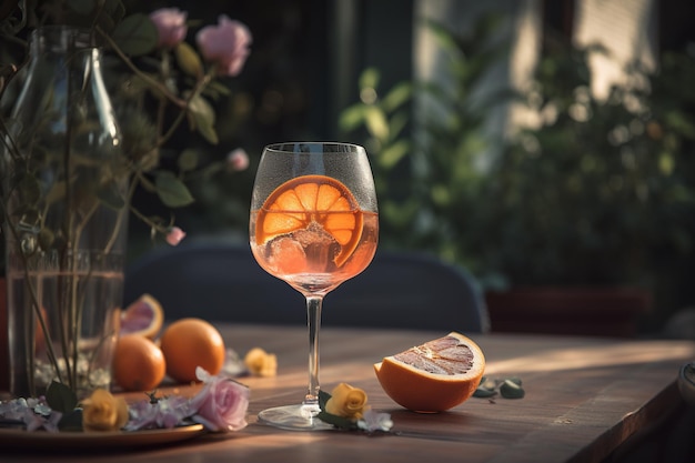 Una copa de cóctel con flores de naranja y rosa sobre la mesa IA generativa