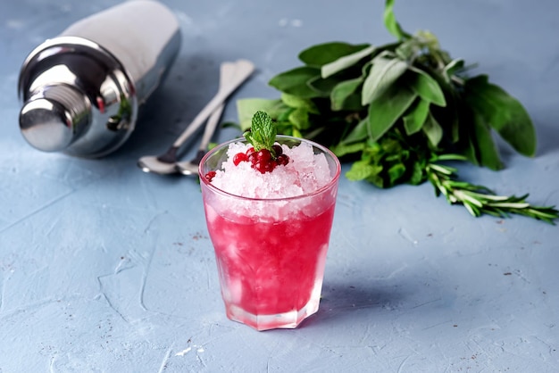 Copa de Cóctel Frío con Arándano y Vodka Decorado con Menta y Arándanos Maduros