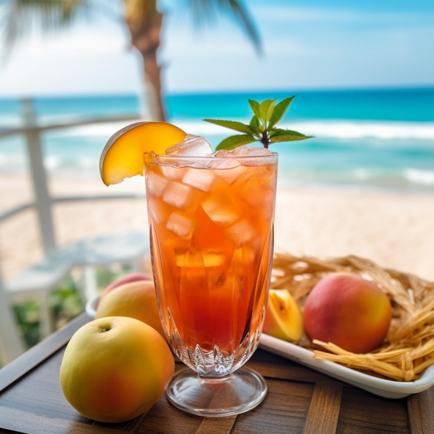 Una copa de cóctel con fruta y papas fritas en una mesa