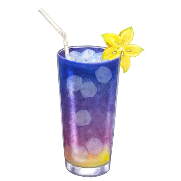 Copa de cóctel jugo fresco azul púrpura o carambola de paja de hielo alcohólico Ilustración acuarela dibujada a mano aislada sobre fondo blanco