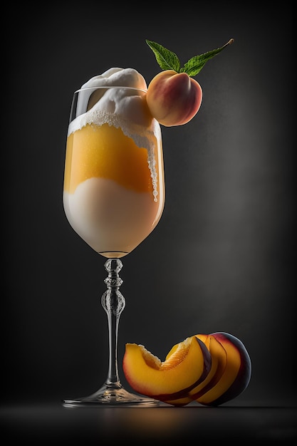 Una copa de cóctel de mango con un melocotón en el fondo.