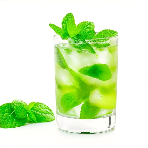 Una copa de cóctel mojito sobre un fondo blanco con espacio para copiar