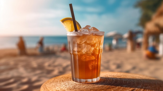 Una copa de cóctel de naranja en una mesa en la playa