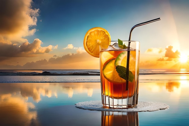 Una copa de cóctel con pajita y jugo de naranja en la playa