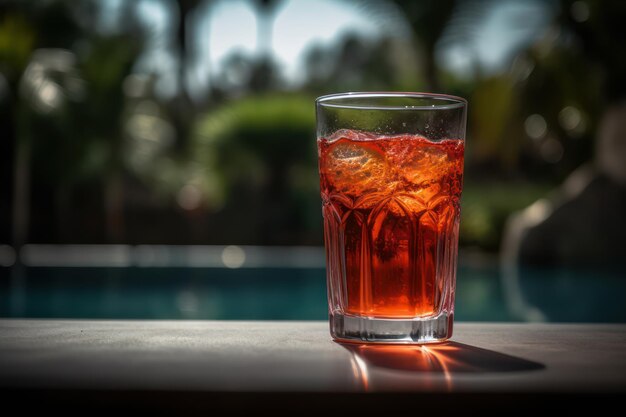 Una copa de cóctel rojo con cubitos de hielo en una mesa junto a una piscina.